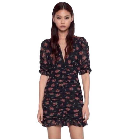 Zara Dresses & Skirts - Zara Floral Ruched Mini Dress Mesh Ruffle Plunge V-Neck Puff Sleeve Size Small
